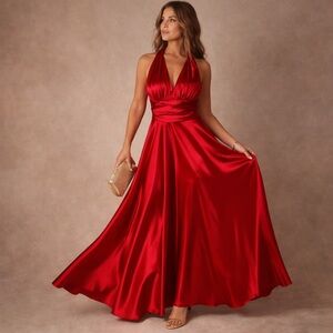 Fiesta Red Satin Halter Evening Dress Maxi Formal Prom Pageant Glam Y2K shiny